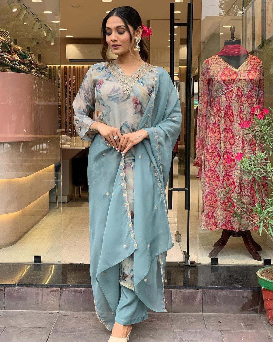 MT Heavy Organza Embroidery Kurti With Bottom Dupatta Wholesale Shop In Surat
